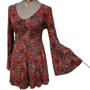 Forever 21 Fall Festival Dress Size M Maroon Paisley V Neck Side Zip Dark Red